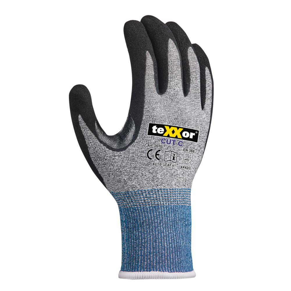 texxor 288 Stück Schnittschutz-Strickhandschuhe 2610, CUT C, grau-schwarz, 8/M, Karton, Schnittschutzhandschuhe, Arbeitshandschuhe, Küchenhandschuhe