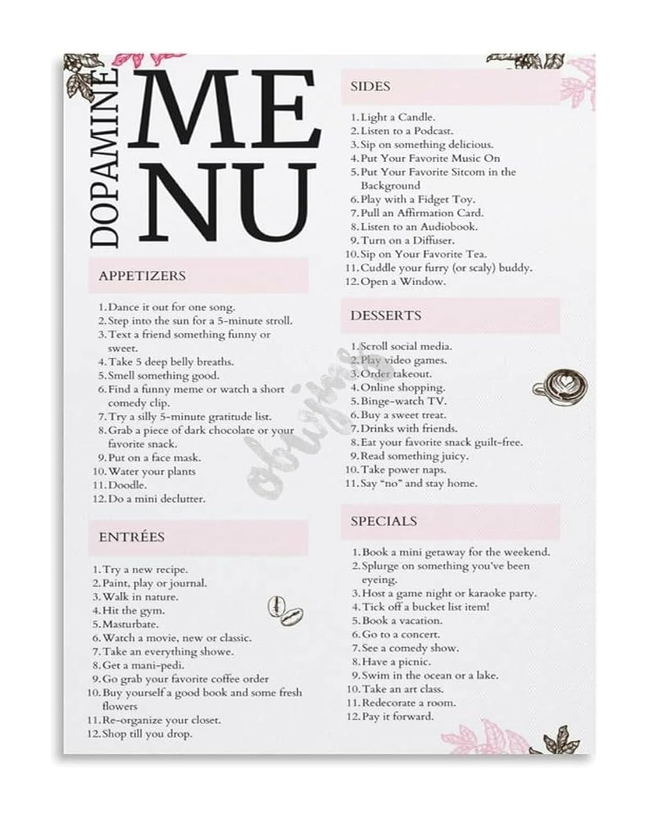 REIUAFWYGV Dopamine Menu for Mental Health Poster Therapeutic Wall-Art Canvas for Home Office Bedroom Decor(Framed,08x12inch(20x30cm))