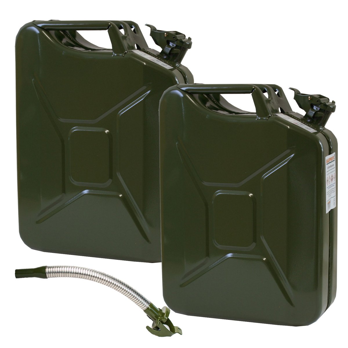 2er Set: 2 Stahlblechkanister in Oliv mit je 20 Liter INKLUSIVE Auslaufstutzen