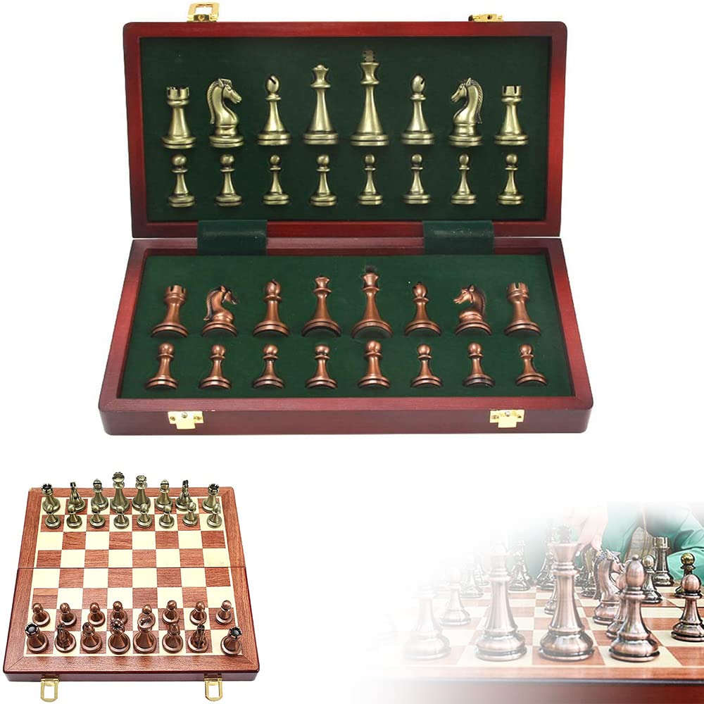 D&D Metal Deluxe International Chess Game Retro Copper Plated Alloy Chess Adult Set Board Game Portable Wooden Box Storage Folding Chess Set