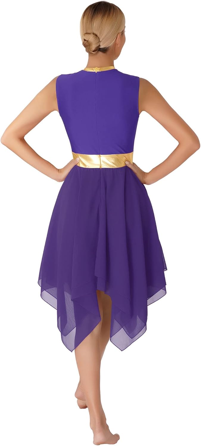 Womens Color Block Praise Liturgical Dancewear Tunic Sleeveless Irregular Hem Lyrical Dance Dress