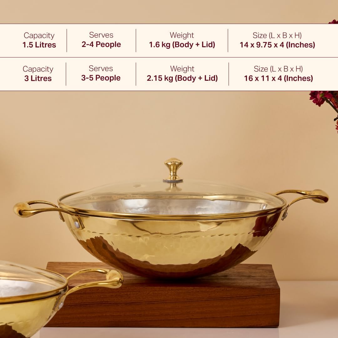 P-TAL Brass Kadhai 1.5L with Insulated Heat-Resistant Handle and Glass Lid | 100% Pure Brass Tin Coated Kadai for Cooking | Non-Stick and Chemical-Free (Glass Lid 1.5 Litre)