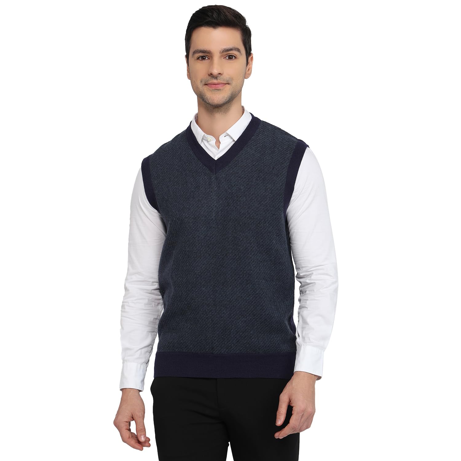 Men Regular Fit Tweed Pattern Poly Wool Acrylic Nylon Blend Sleeveless V Neck Casual Sweater Blue