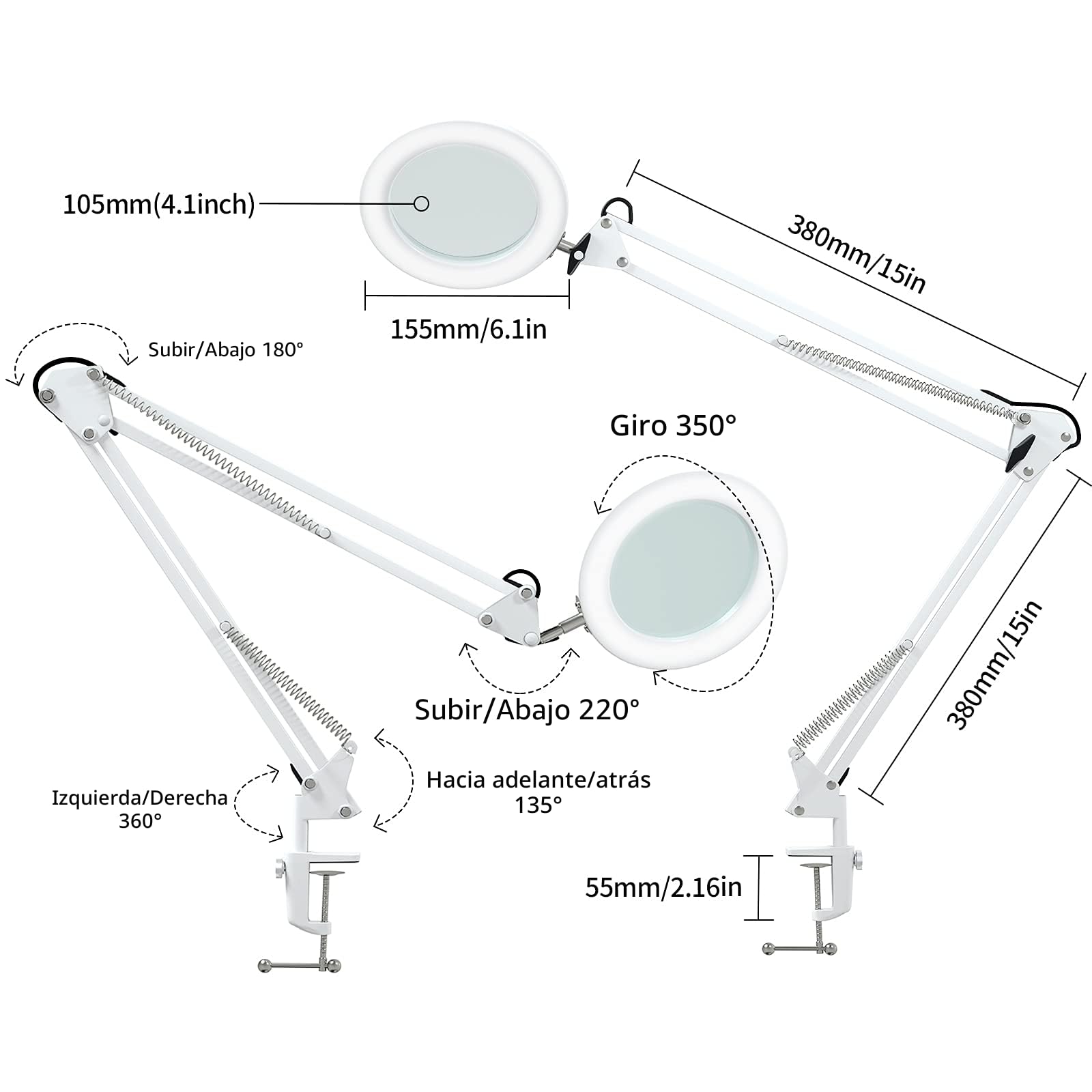 Lámpara de Aumento/Luz de Trabajo - Lente de Cristal 105 mm 5 Dioptrías, 750 Lúmenes Regulable 3 Colores, Brazo Articulado 90 cm para Trabajos de Precisión y Bricolaje