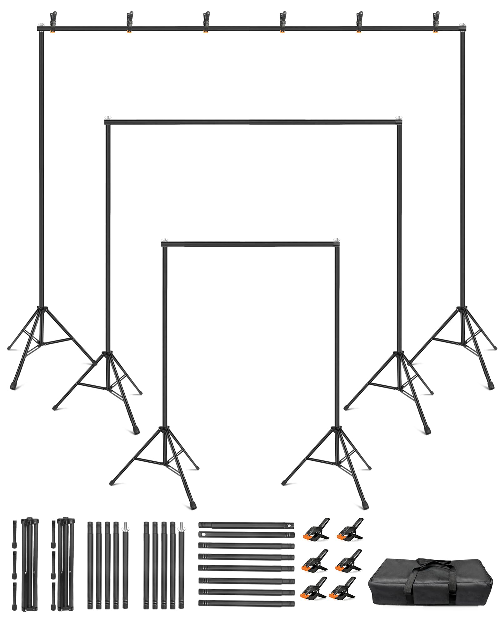 Support de toile de fond de 3 x 2,4 m, kit de support de toile de fond réglable avec 6 pinces et sac de transport pour fêtes, événements, décoration, studio photo, vidéo, anniversaire