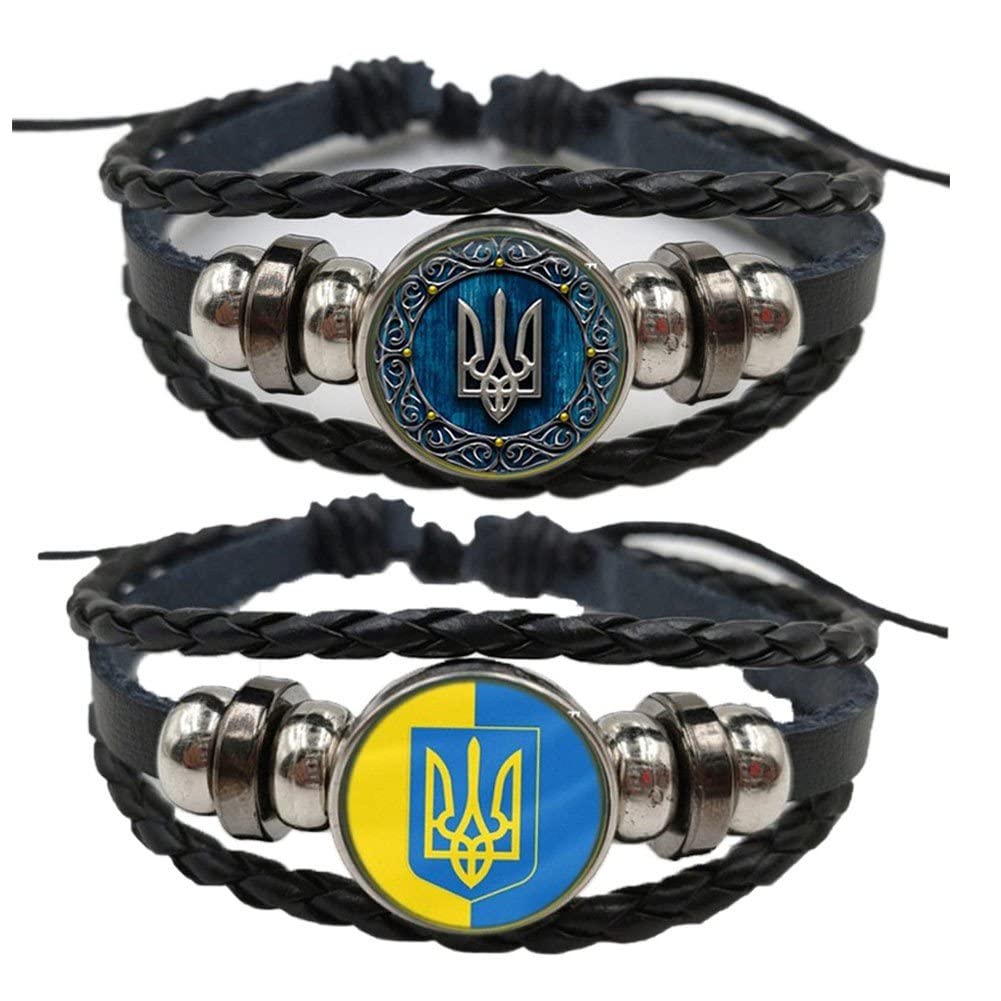 Fituenly Women's Trident+Trident 2Pcs Multilayer Leather Bracelet Ukrainian Flag Interchangeable Time Stone Symbol Flag Rune Leather Bangle Punk Jewelry