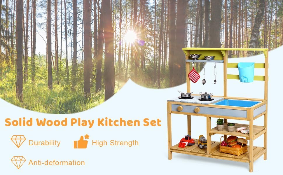 Miniatura 7 de Cocina de barro para niños, juego de cocina de madera al aire libre para niños pequeños con fregadero y grifo extraíbles, caja de agua, estufa,