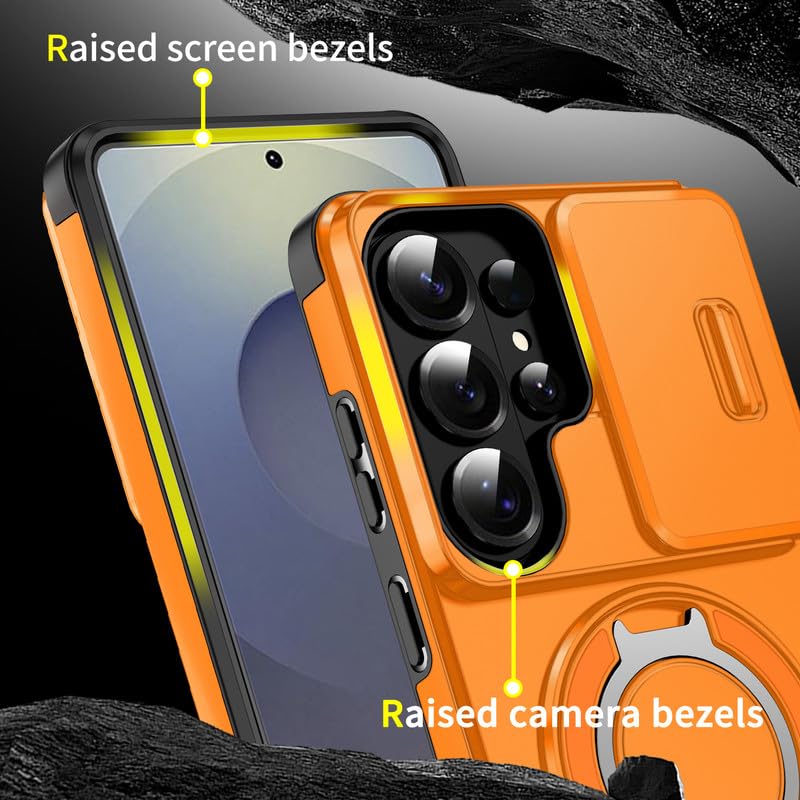 Image of LuxuryKase Shockproof Rugged Case for Samsung Galaxy S26 Ultra | Slide Camera Cover | 360 Rotating Ring Kickstand | Military-Grade Protection - Sunset Orange