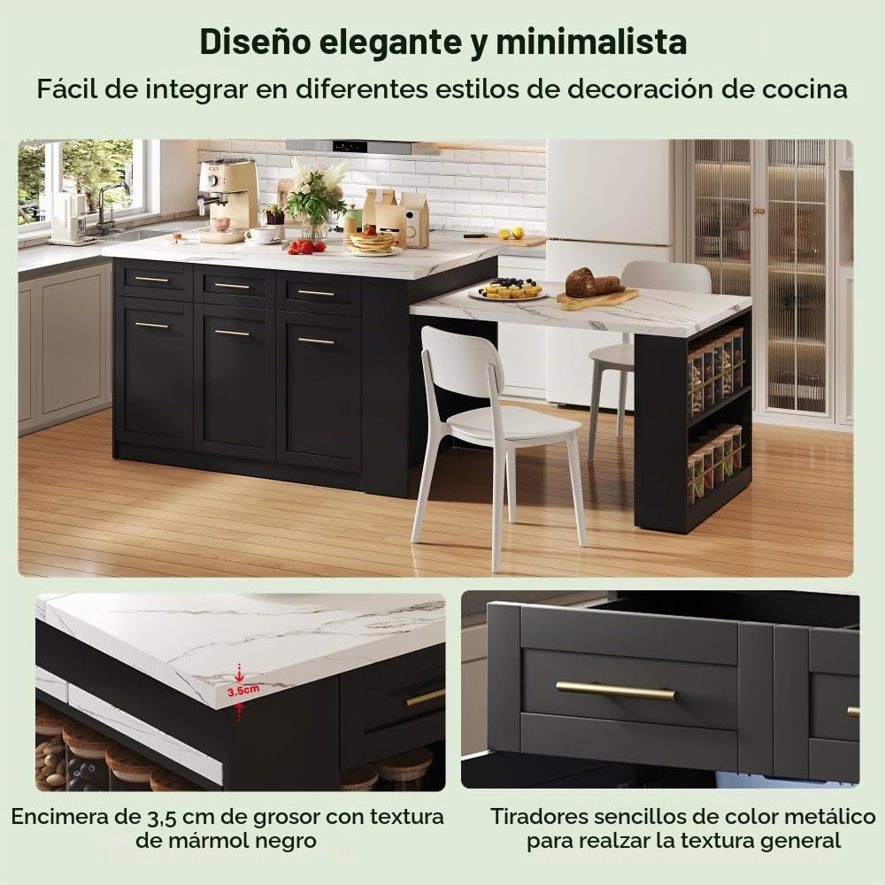 Isla de cocina multifuncional con mesa de comedor blanca extensible (150 cm + 96 cm), isla de cocina central con muebles de almacenamiento integrados, encimera de madera efecto mármol (negro)