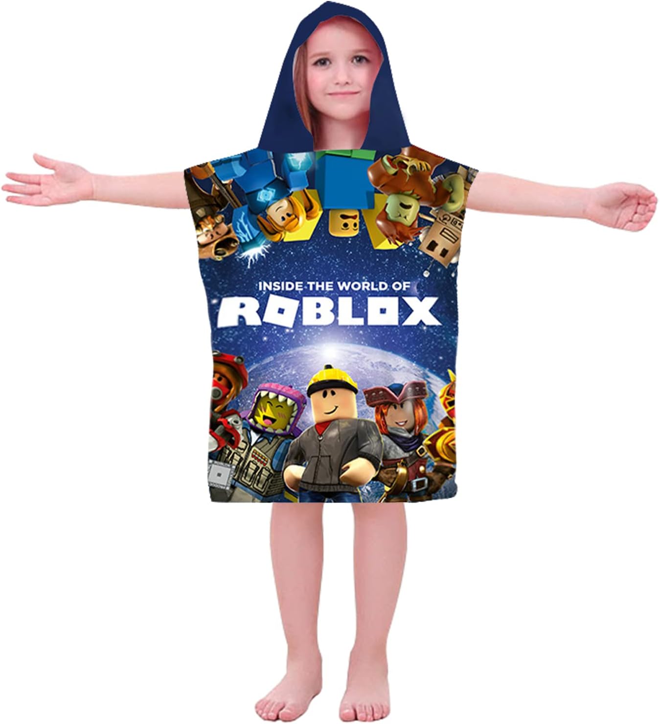 Bonamana Roblox Game Poncho Hooded Beach Towel for Kids Bathrobe Bath Sheets Shower Swim Pool Ultra Bathroom Towels for Girls Boys Children 2-7 Years (Blue Planet)