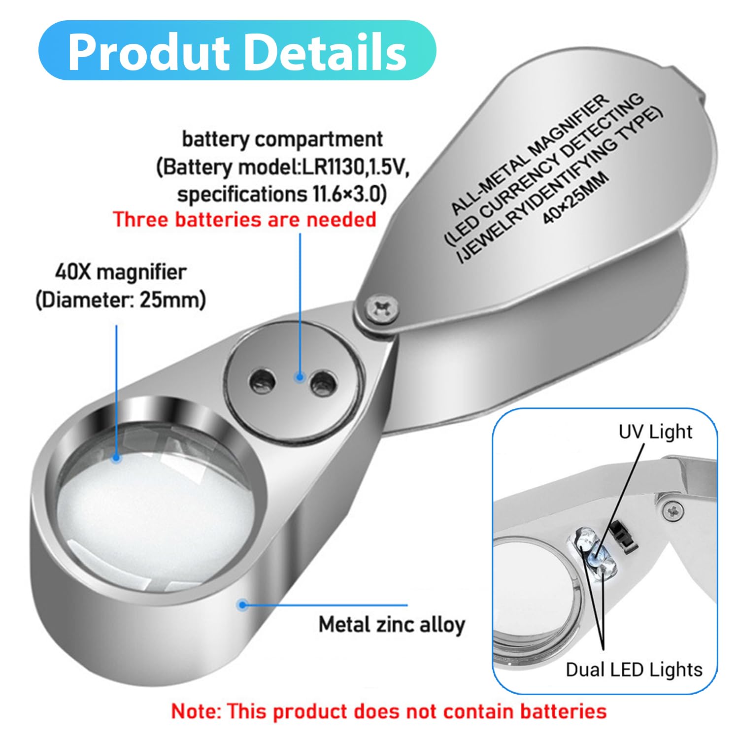 Lupa de joyero 40X,Lupa de joyería Plegable de Acero Inoxidable,con luz LED y Ultravioleta,para Diamantes joyeros Monedas Sellos, reconocimiento de Moneda, identificación de Joyas