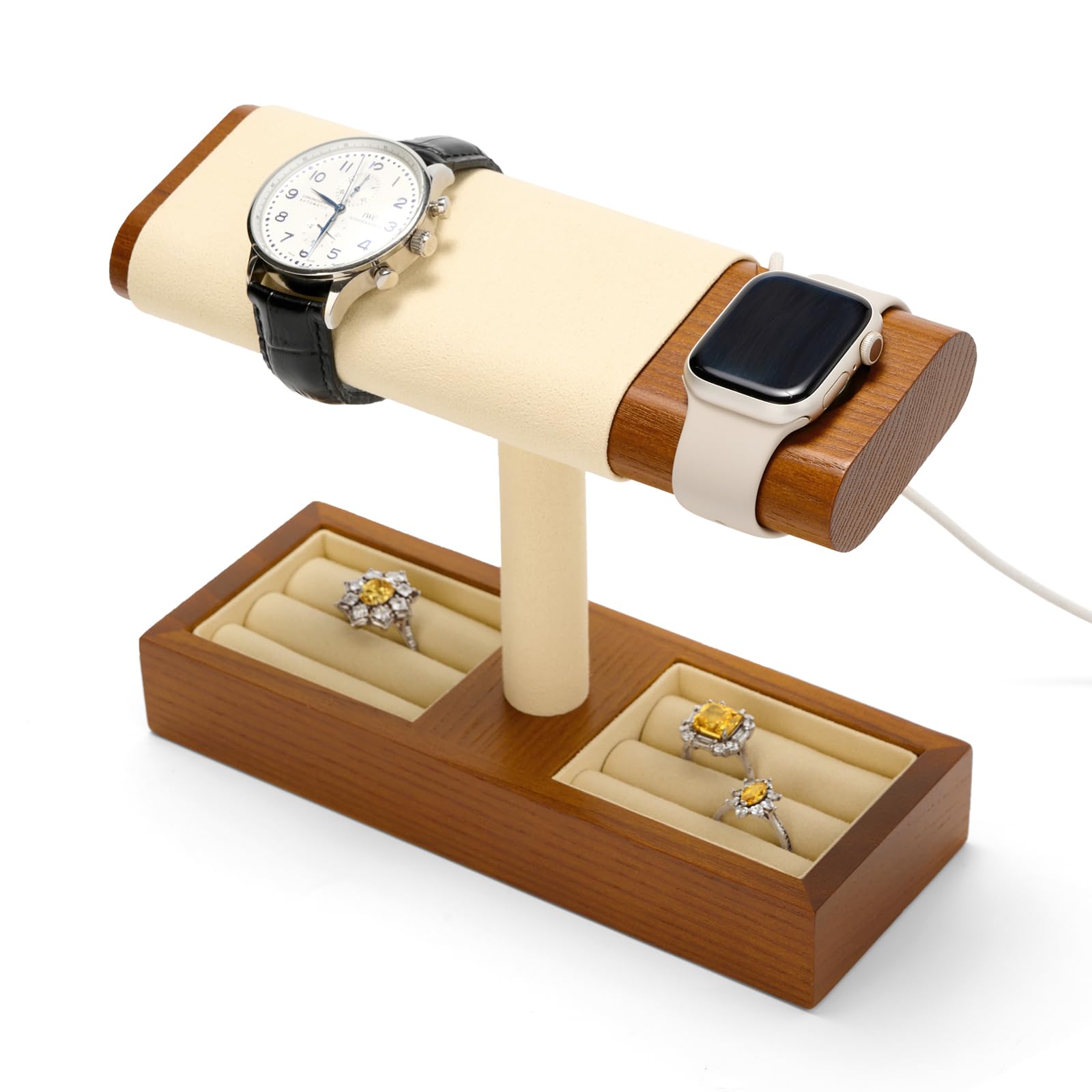 ANVLOJRIH T-Shaped Multifunctional Watch Stand in Beige Jewellery Organiser with Charging Slot & Storage Compartments for Rings and Stud Earrings