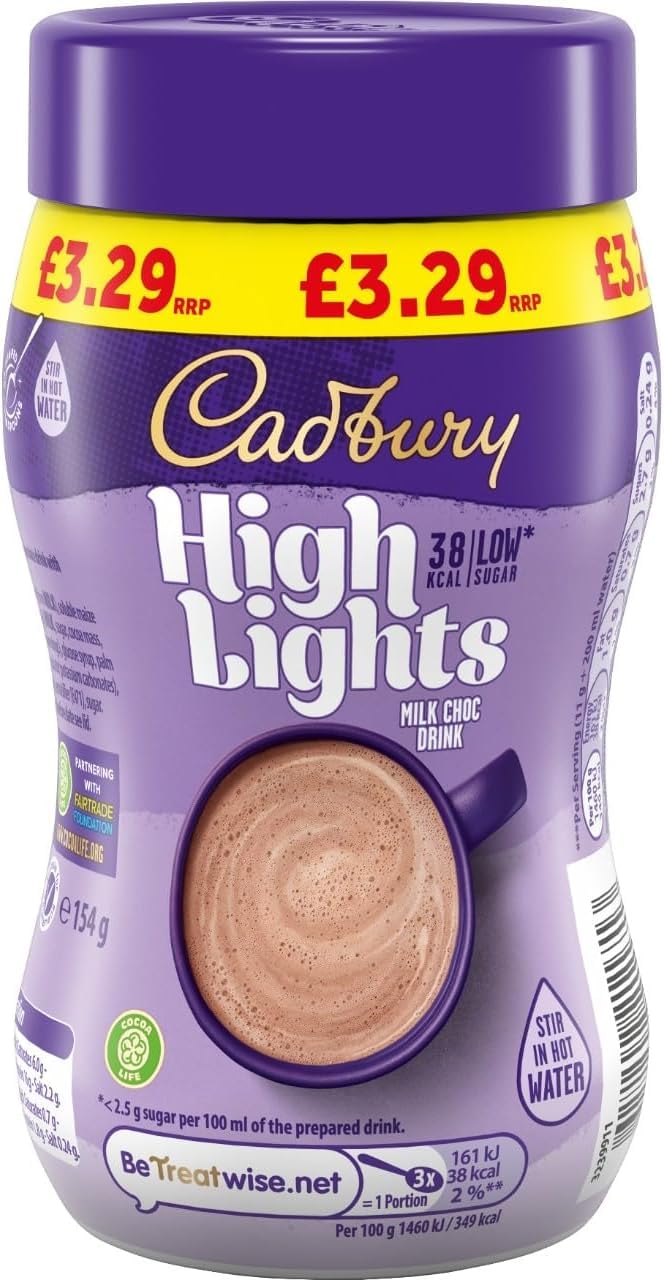CadburyHighlights Milk Chocolate Hot Drink, Low Calorie, Stir in Hot Water, Approximately 14 Servings, 154g (Pack of 6)