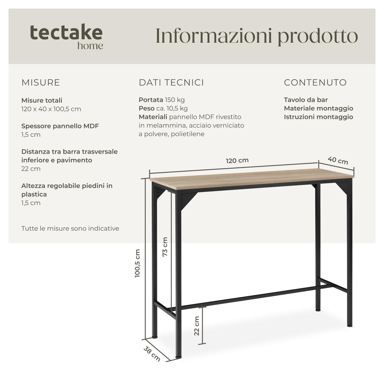 tectake® Tavolo Alto da bar snello, Tavolo stile industriale minimalista, Bancone Bar, supporto in acciaio verniciato, piedi regolabili 120 x 40 x 100,5 cm, Casa e Cucina - Legno Industriale Chiaro