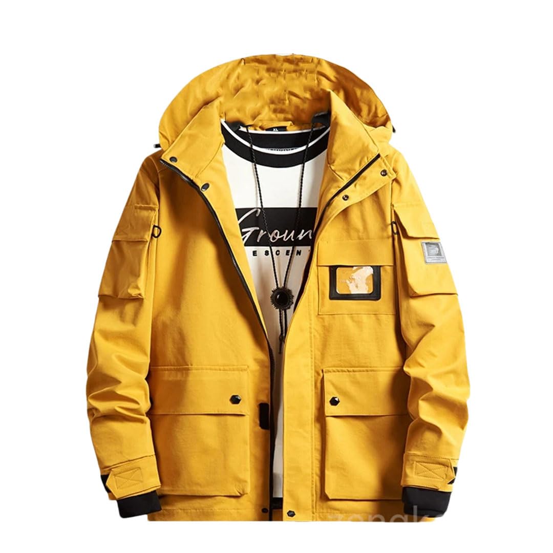 Herren-Frühlingsjacke für lockere, wasserdichte Reißverschluss, mehrere Taschen, Outdoor-Kleidung, Jugend-Windbreaker, gelb, 7XL