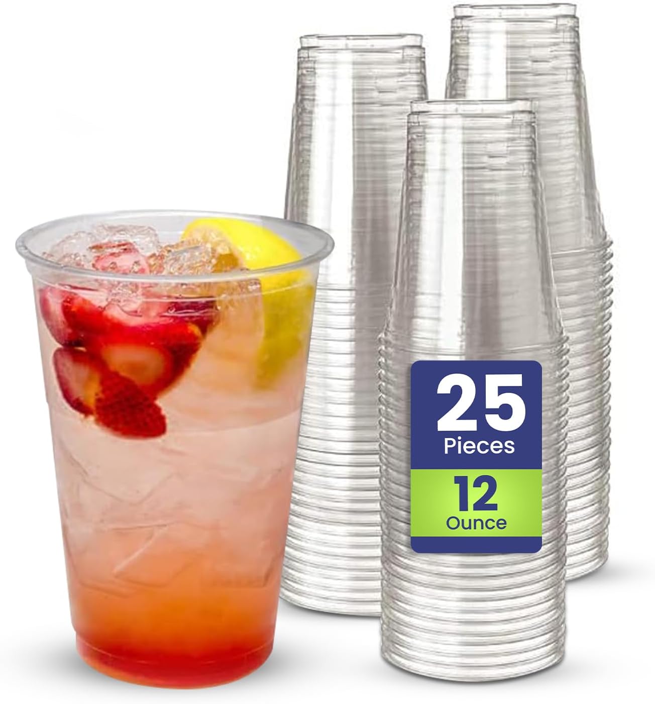 SNH 25 Pieces 12Oz Juice Cup Clear Strong Disposable Plastic Cups - Ideal for iced coffee, smoothies, Bubble Boba tea, milkshakes, frozen cocktails, water, sodas, juices, snacks, dessert & more.