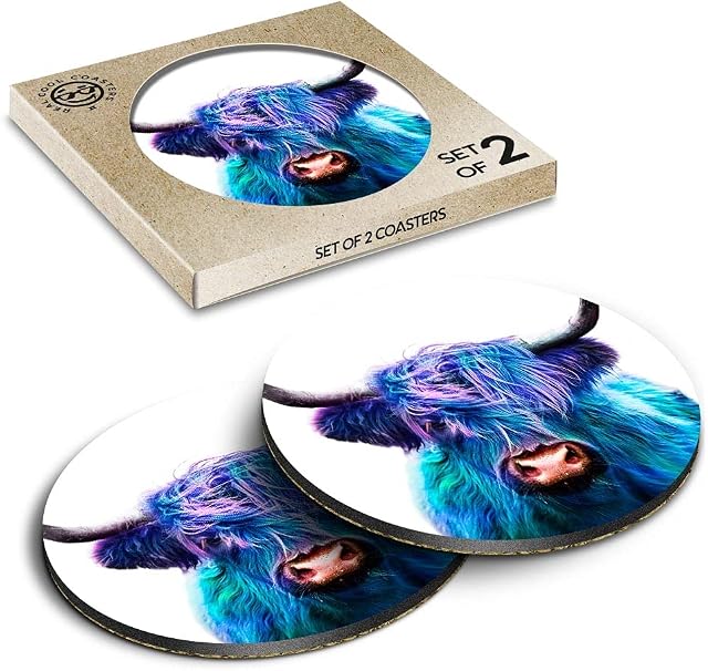 2 x Eco Boxed Cork Coasters - Blue Pop Art Highland Cow Animal Drink Cup Mug Glass Table Mat #21683
