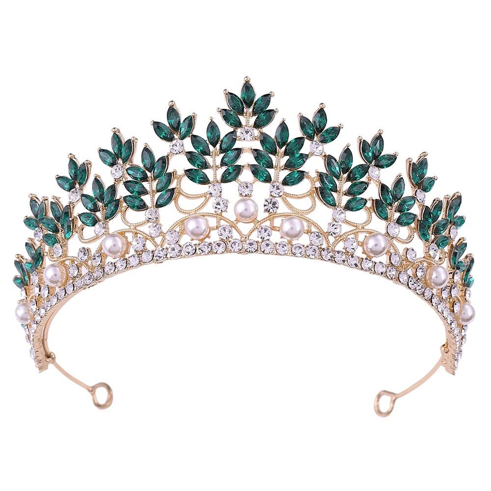 FAMoUsGoods Handmade Luxury Rhinestone Pearl Bridal Tiara Crown Crystal Diadem Veil Tiaras Wedding Hair Headpiece Wedding Headban (Metal color : Gold Green)