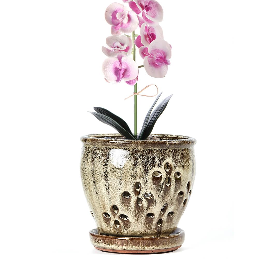 Orchideentöpfe mit Löchern und Untersetzern, 14 cm, 1 Stück, kleine Keramik-Orchideentöpfe zum Umtopfen, dekorativer Keramik-Orchideen-Pflanztopf mit Loch für gesundes Wurzelwachstum,
