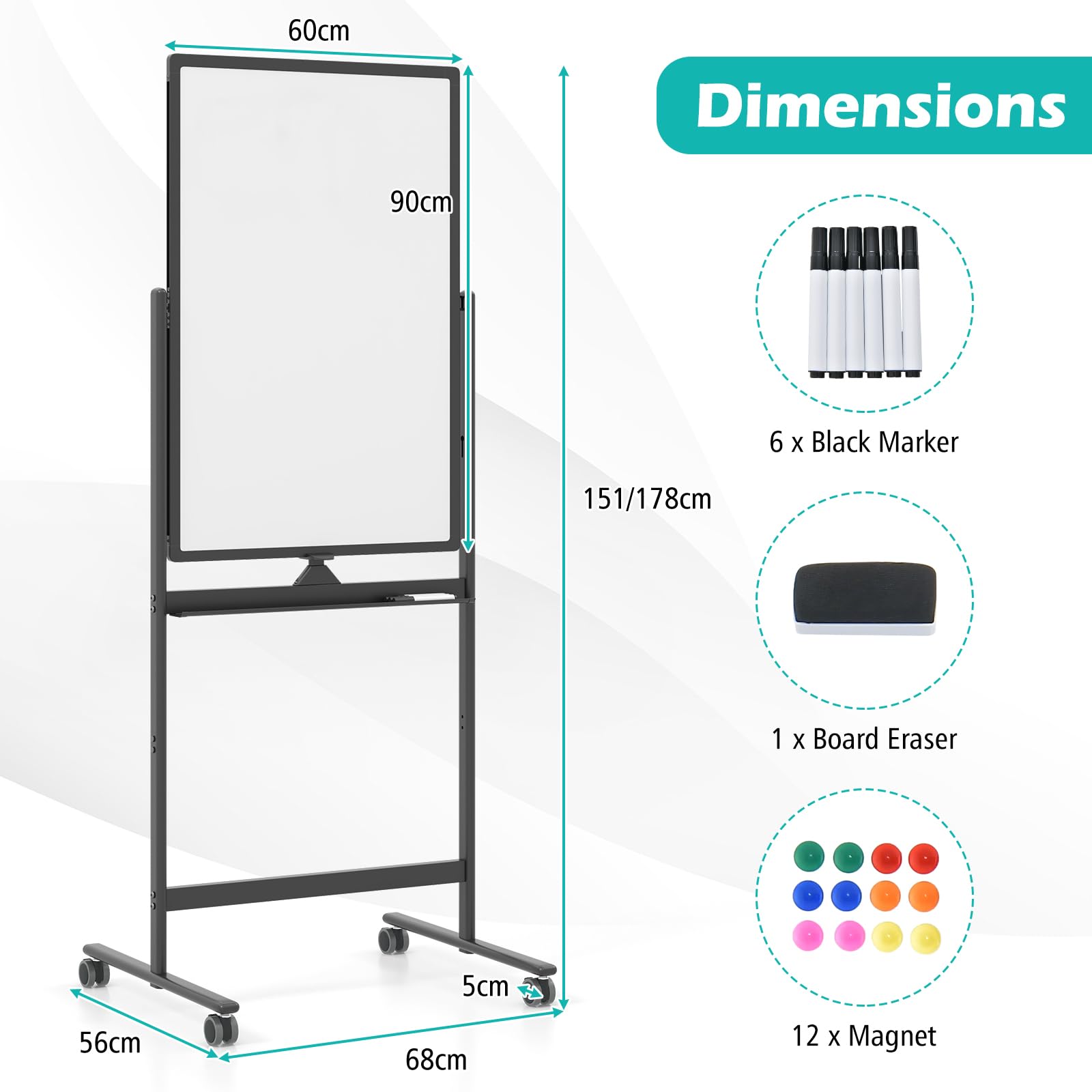 GIANTEX Doppelseitiges mobiles Whiteboard, 60 x 90 cm, magnetisches Whiteboard höhenverstellbar mit Rollen & Ständer, Magnettafel mit Stiftablage, inkl. Zubehör, Trocken abwischbar (Schwarz)