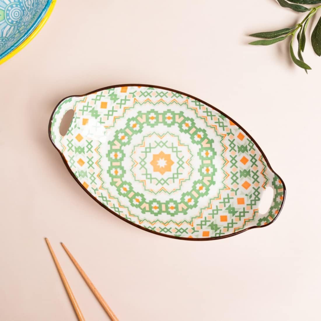 Nestasia Green Criss-Cross Ceramic Long Dish with Handles for Serving Snacks, Appetizers, Salads, and Noodles| Microwave Safe, Dishwasher Safe (10.8 Inch)