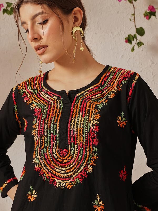 Image of Ada Women's Cotton Regular Fit Tunic Hand Embroidered Lucknow Chikankari Short Top Kurti A100554