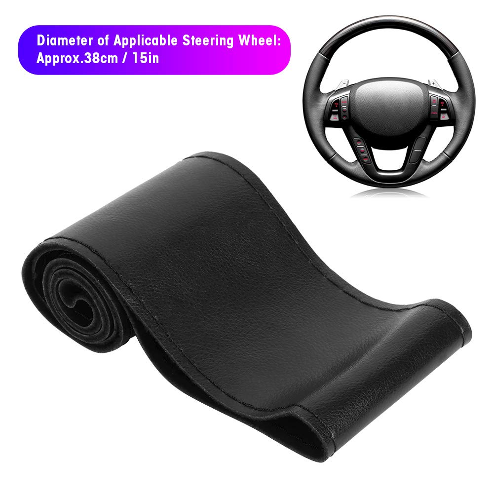 AutoSunShine Universele Lederen Auto Stuurwiel Cover Comfort Duurzaamheid Veiligheid Anti Slip 15 inch Steek op Wikkel Cover met Naald en Draadgrootte Black-black Thread