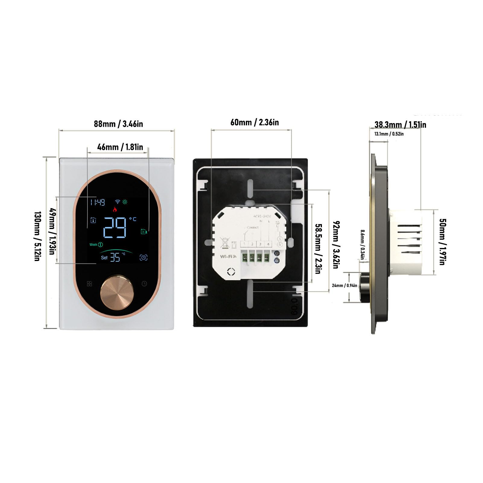 Inteligentny termostat pokojowy regulator temperatury 2,4 GHz do ogrzewania elektrycznego aplikacja mobilna ekran dotykowy i sterowanie pokrętłem tygodniowo programowalny głos (White)