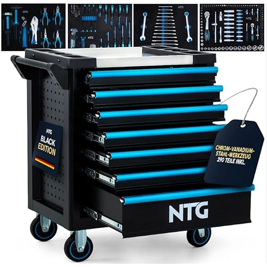 KS Tools 150.4370 Ledmax Cree-Power LED Taschenlampe 5 Werkzeugwagen Werkstattwagen Werkzeugkasten Werkzeugkiste + Werkzeug 220 tlg. mit 6 Schubladen davon 5 mit Werkzeug | Abschließbar | kugelgelagerte Schubladen | 2 Lenkrollen | Feststellbremse