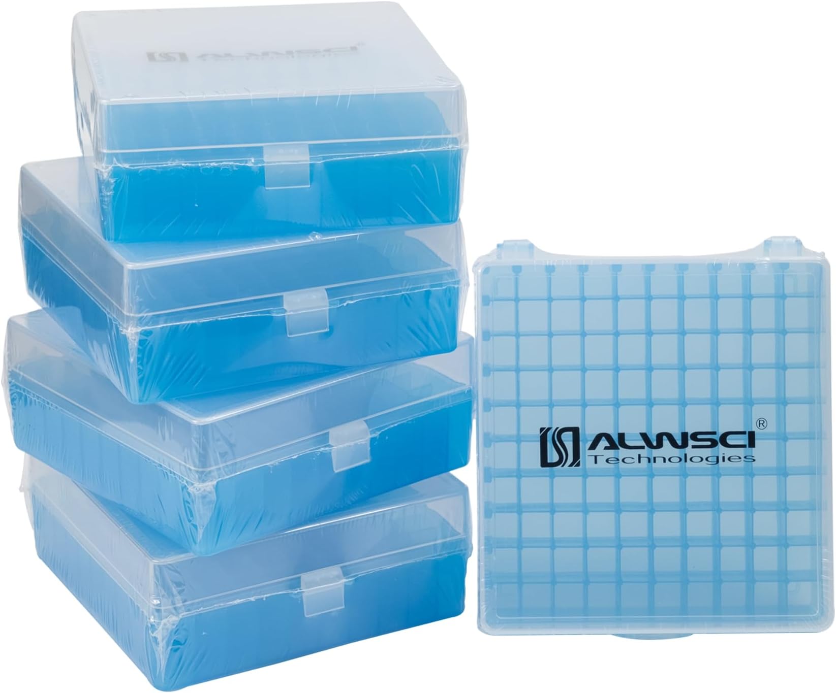 ALWSCI 100 Well Microtube Storage Box, Polypropylene Lockable Vial Holder Rack for 1.5/1.8/2 ml Microcentrifuge Tubes and Autosampler Vials Samples, Blue, 5 Pack