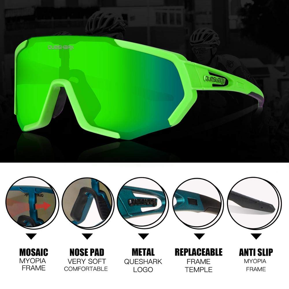 Queshark Occhiali da Ciclismo Polarizzati per Ccchiali TR90 con Montatura per Uomo Donna con 3 Lenti Intercambiabili Anti-UV400