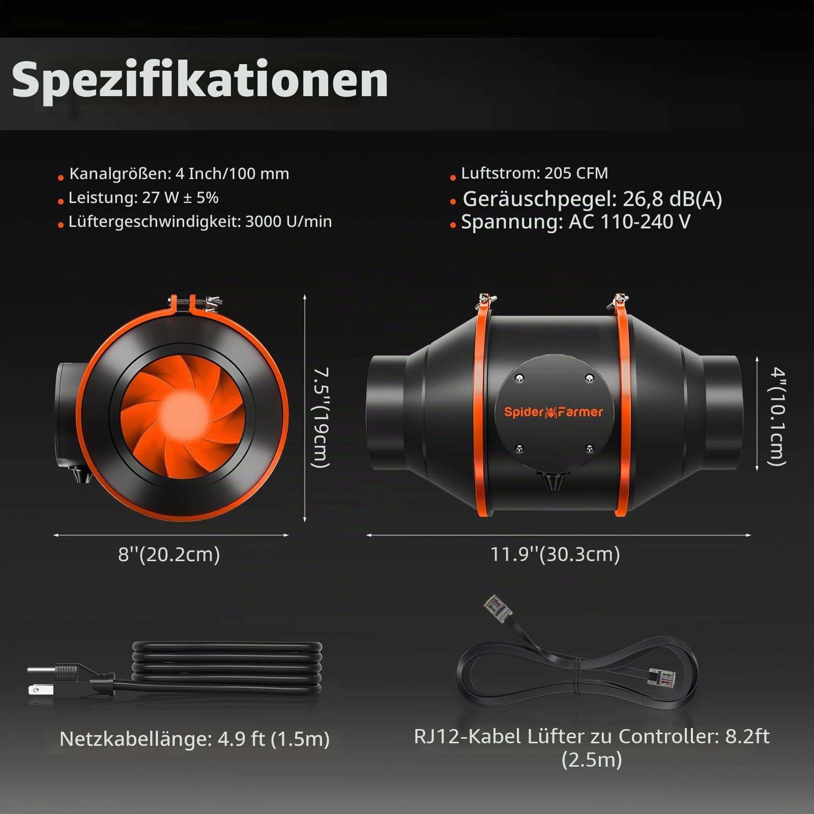 Spider Farmer Rohrventilator 100mm 4 Inch Abluftset mit RJ12 Drehzahlregler Aktivkohlefilter 27W 205 CFM Belüftungssystem für Growzelt