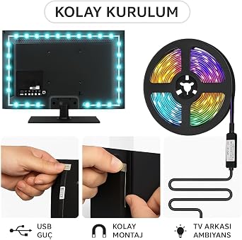 Monitör ve TV Arkası 3 Metre RGB Şerit LED Seti - Cata USB Bağlantılı, Uzaktan Kumandalı, 352 Renk Seçenekli Ambiyans Aydınlatma, Göz Yormayan LED Işık Sistemi [Enerji Sınıfı F]