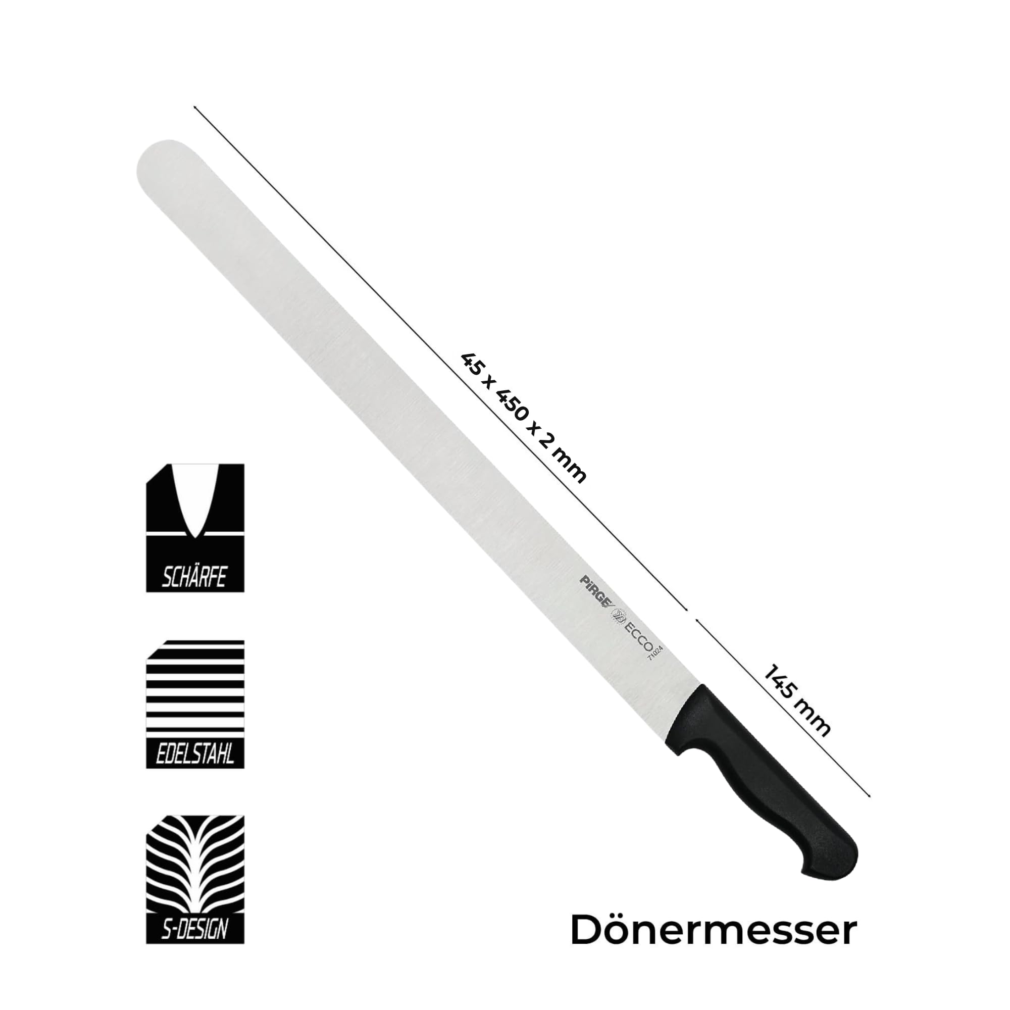 Pirge Ecco Dönermesser 45 cm Schwarz - Aufschnittmesser - Schärfstes Döner Langmesser - Schneidemesser - Fleischmesser - BBQ Messer - Edelstahl Profi Küchenmesser - Ergonomisches Griffdesign