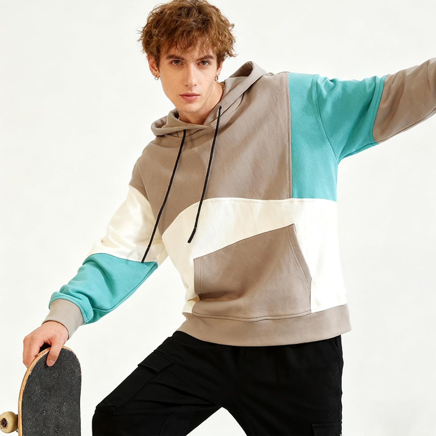 Contrast Color Pullover Hoodie Mens Casual Long Sleeve Patchwork Hooded Sweatshirt Men - Image 3