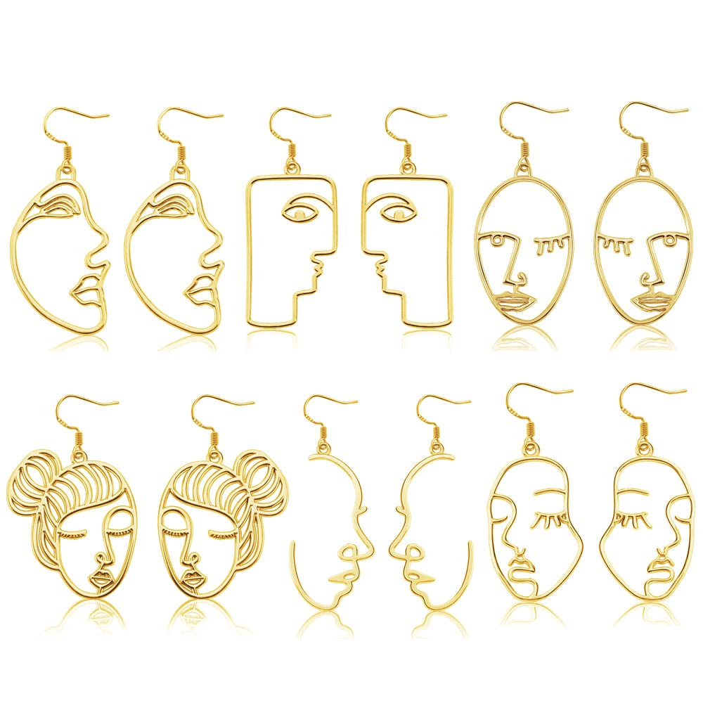 925 Sterling Silver Human Face Earrings Abstract Drop Dangle Earrings,Hypoallergenic Statment Geometric Earrings for Women (Gold Face)