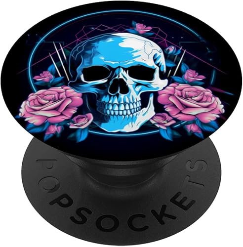 Cool Synthwave Blue Skull with Roses PopSockets Swappable PopGrip