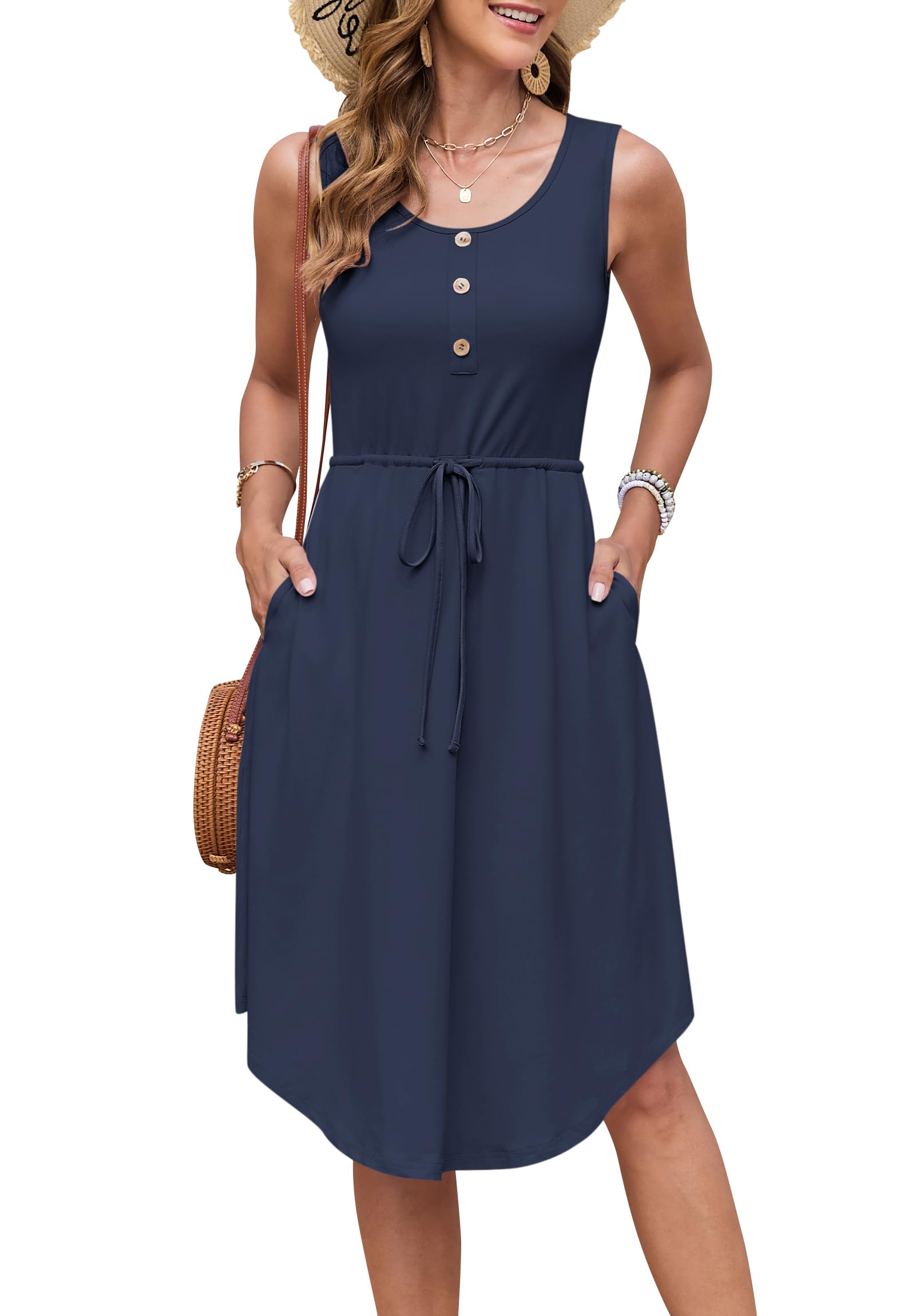 AUSELILY Sommerkleider Damen Leicht Ärmellos Kordelzug Hohe Taille Strandkleider Knielang Button-Down Midikleid Tunika Kleid Elegant Freizeitkleid mit Taschen