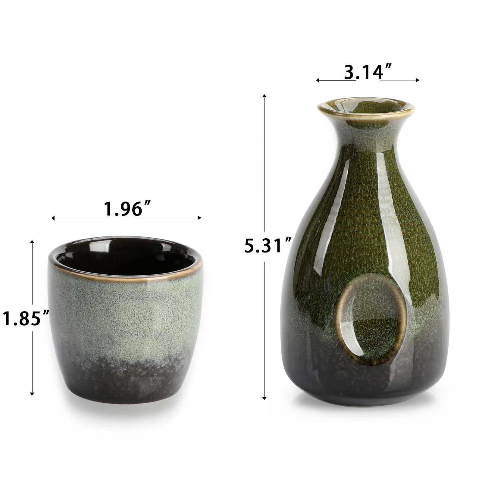 Juego de sake con taza y olla de vino, juego de cerámica para calentadores, incluye 1 olla grande y 4 tazas (negro y verde)