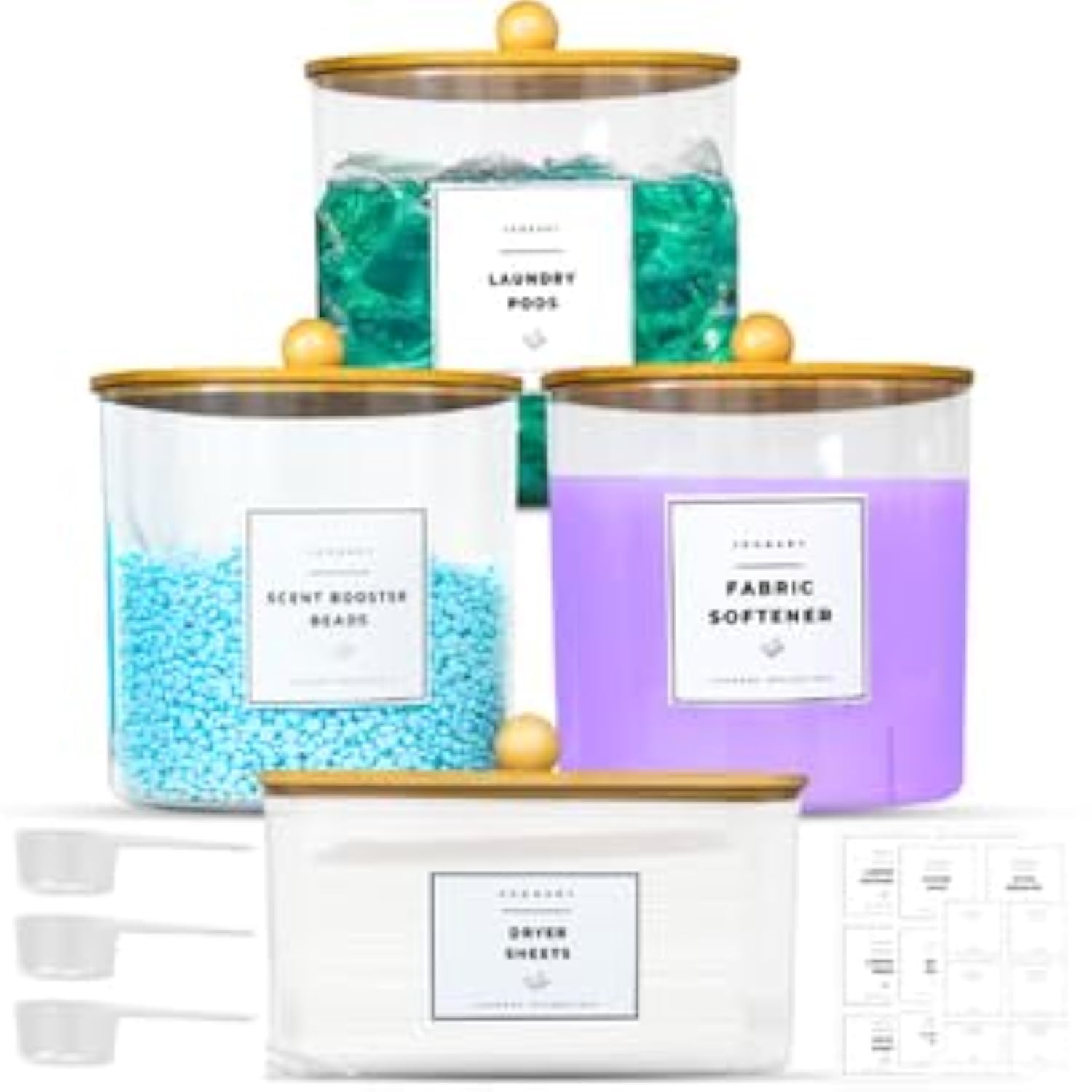 Laundry Detergent Dispenser Containers - 4 Pack Laundry Powder Container & Dryer Sheet Holder , Laundry Room Organization And Storage , Laundry pods Soap Dispenser,Laundry Labels,Beads