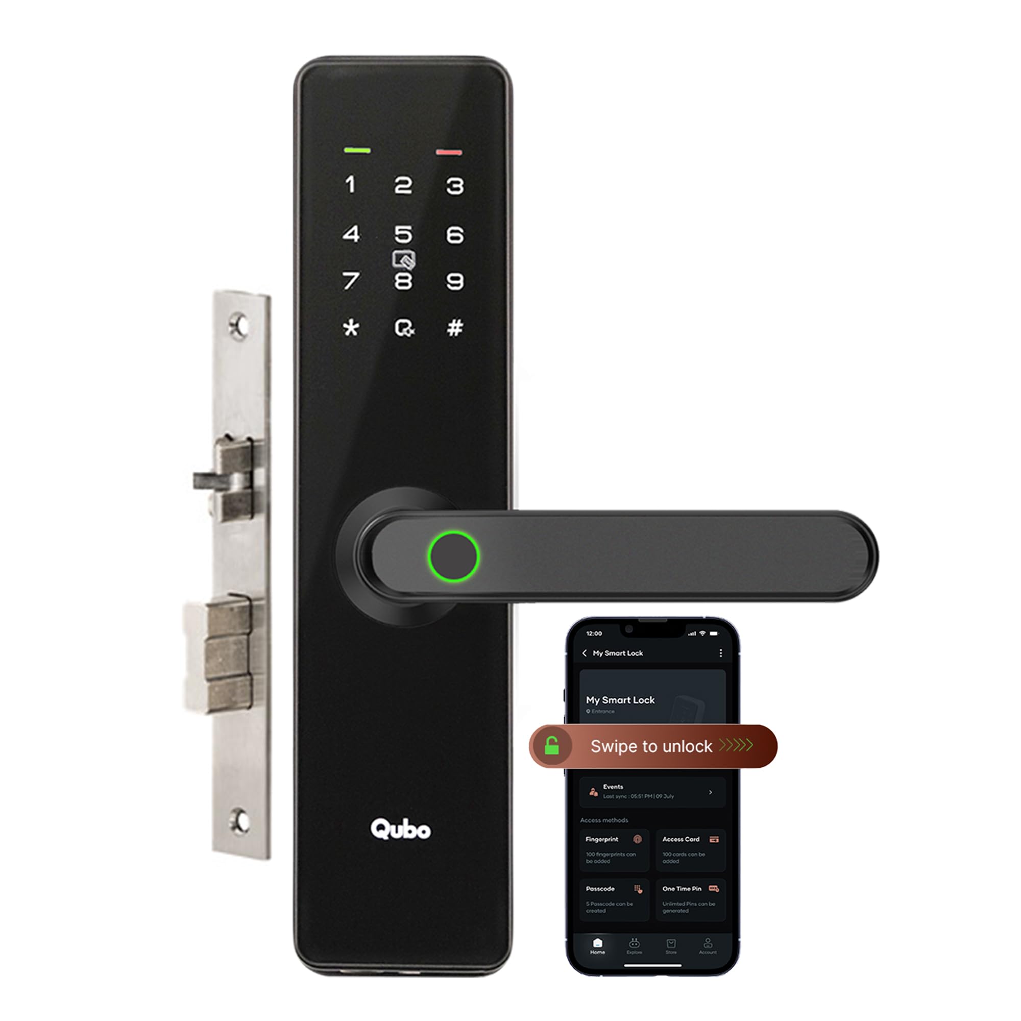 QUBO Smart Door Lock Essential (2025 Edition) from Hero Group | 7-Way Unlocking | Fingerprint | OTP Remote Unlocking | PIN | RFID Card | Mobile App | Mechanical Key | 2 Year Brand Warranty | (Black)
