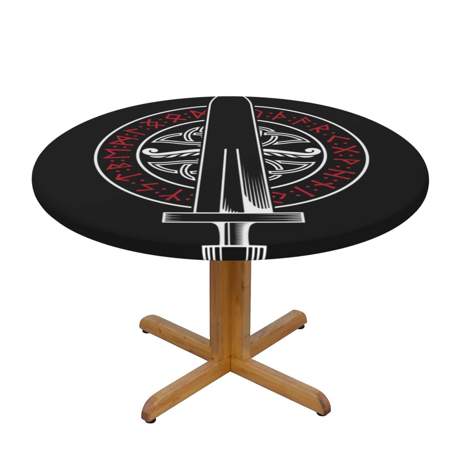 Lsjuee Round Fitted Tablecloth 45-50in Elastic Edged Table Cloth for Kitchen Dining Party Home Decor - Viking Symbol Sword Warrior Black