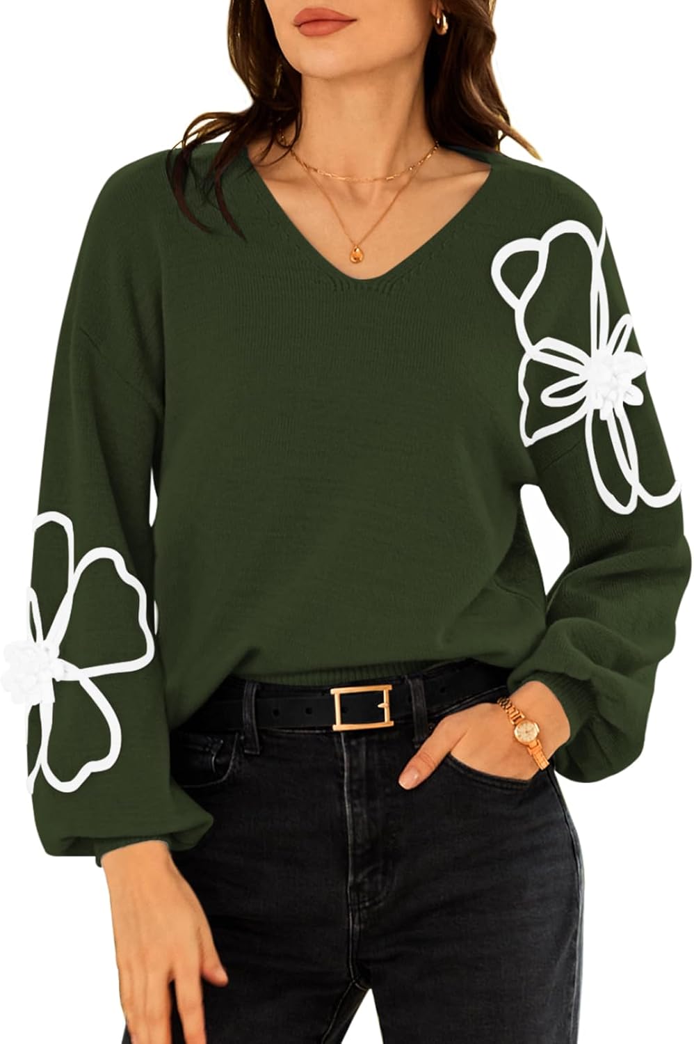 Pink Queen Women's Pullover Sweaters 2025 Knit Floral V Neck Tunic Pullover Long Sleeve Oversized Fall Casual Sweater