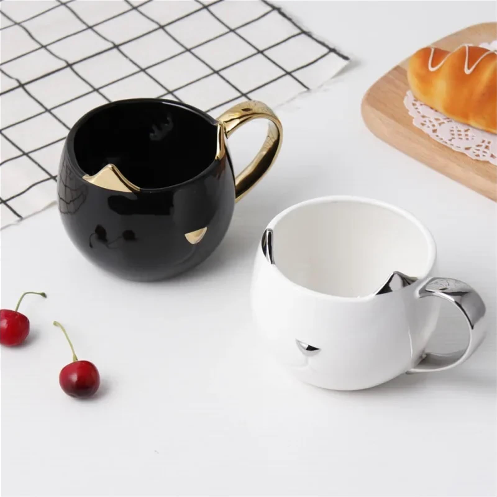 Taza de cerámica con orejas de gato, tazas de café chapadas en oro con asa, taza de avena y leche for desayuno, parejas Para Boda(Black)