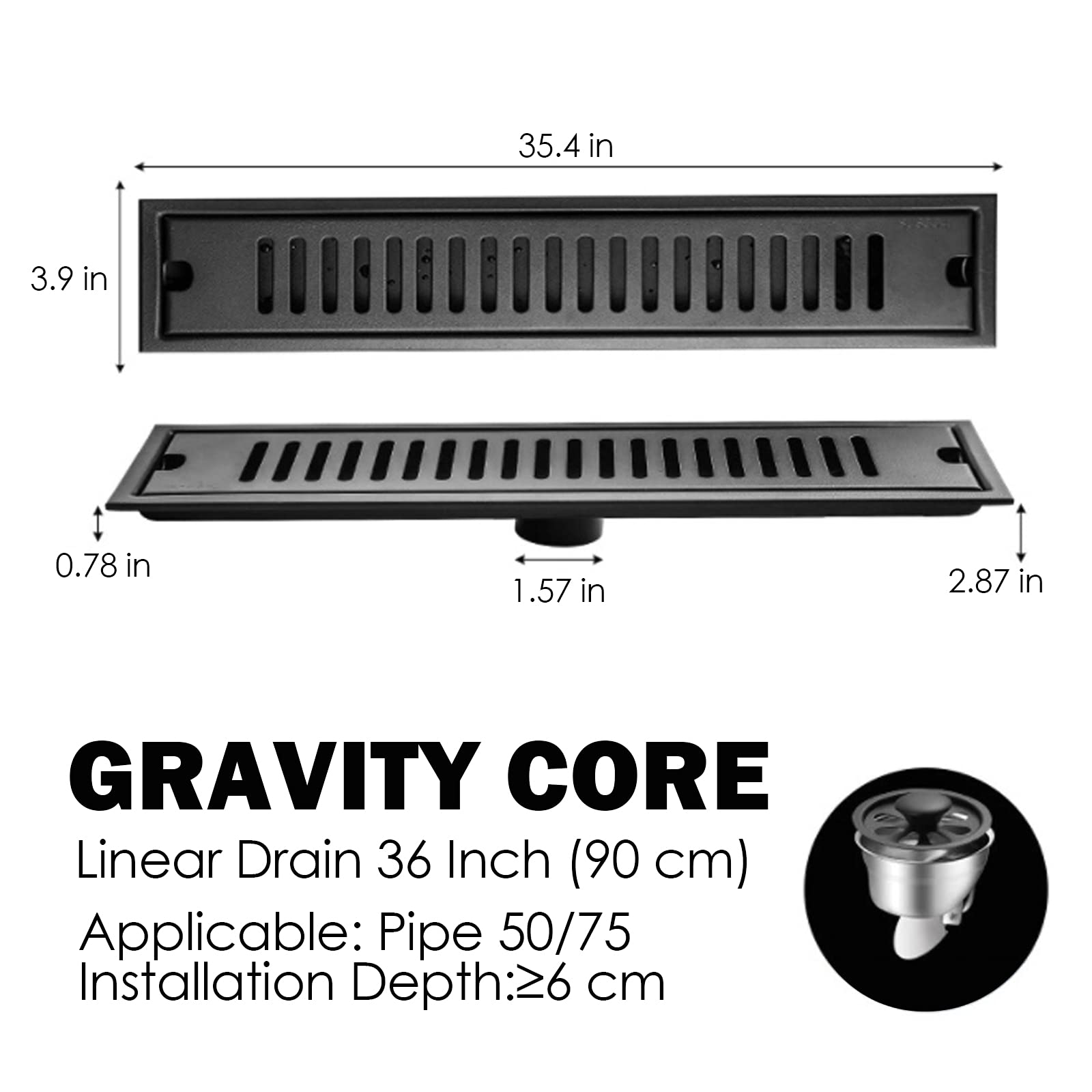 Telam Linear Shower Drain 36 Inch, Grate Removable Rectangular Shower