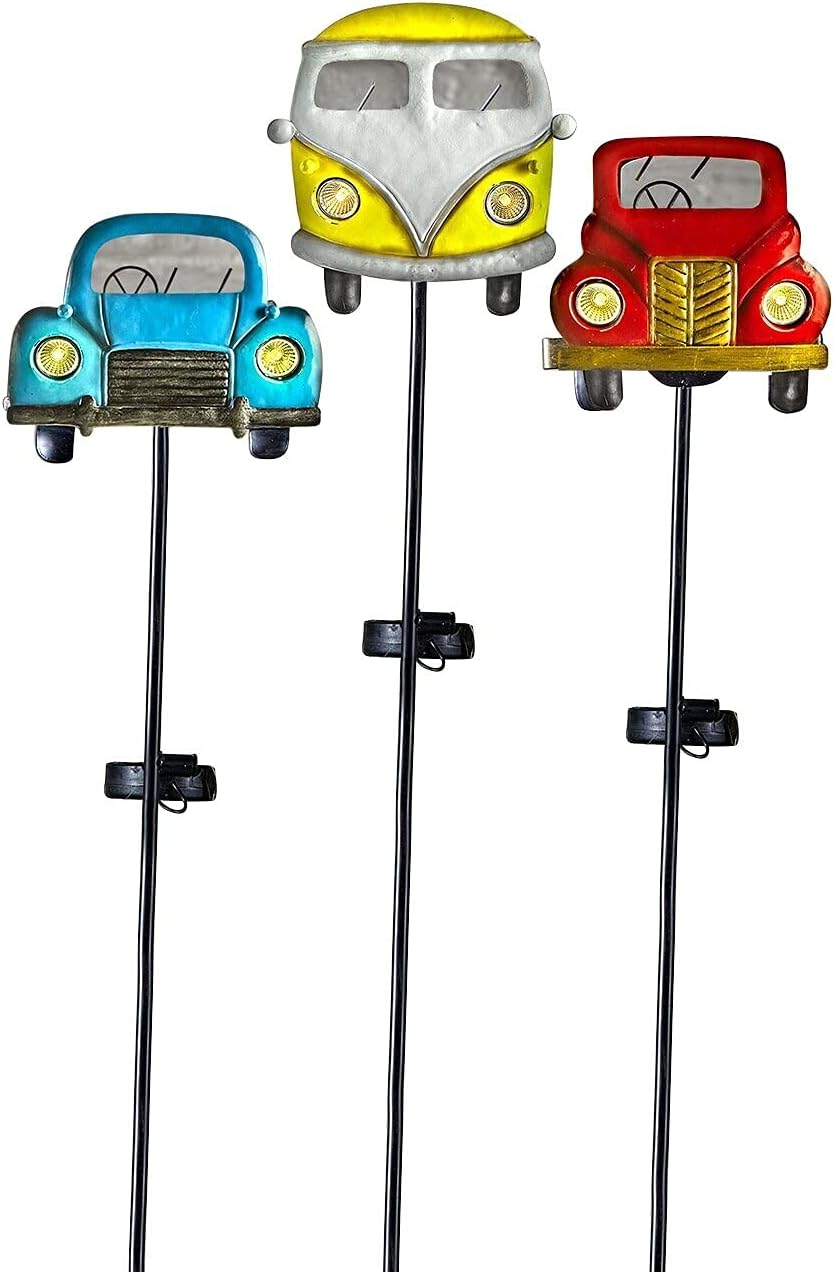 ART & ARTIFACT Vintage Vehicles Garden Stakes, Set of 3 Solar Powered LED Lighted Stakes