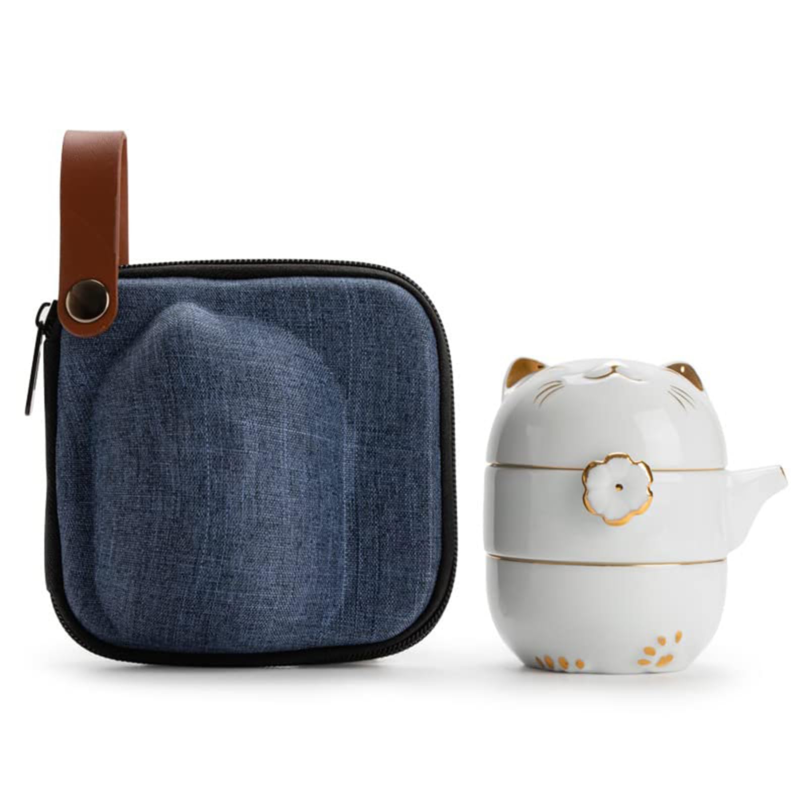 Servizio da tè Servizio da tè cinese Set da tè da viaggio con borsa portatile, teiera in ceramica fatta a mano Kung Fu, teiera tutto in uno, 1 pentola 2 tazze, adatto for viaggi, ufficio e casa,White