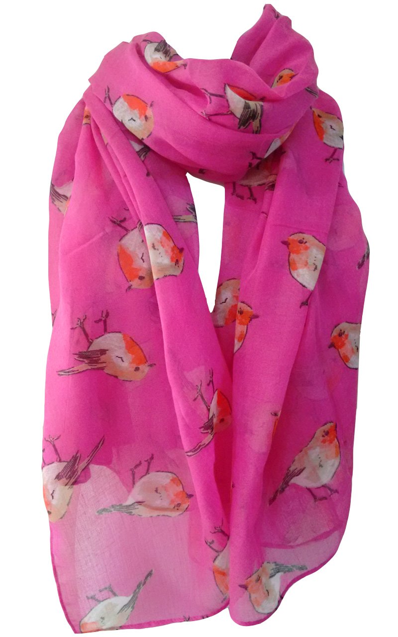 GlamLondon Women's Watercolour Robin Bird Printed Christmas Scarf (Pink Fuchsia)