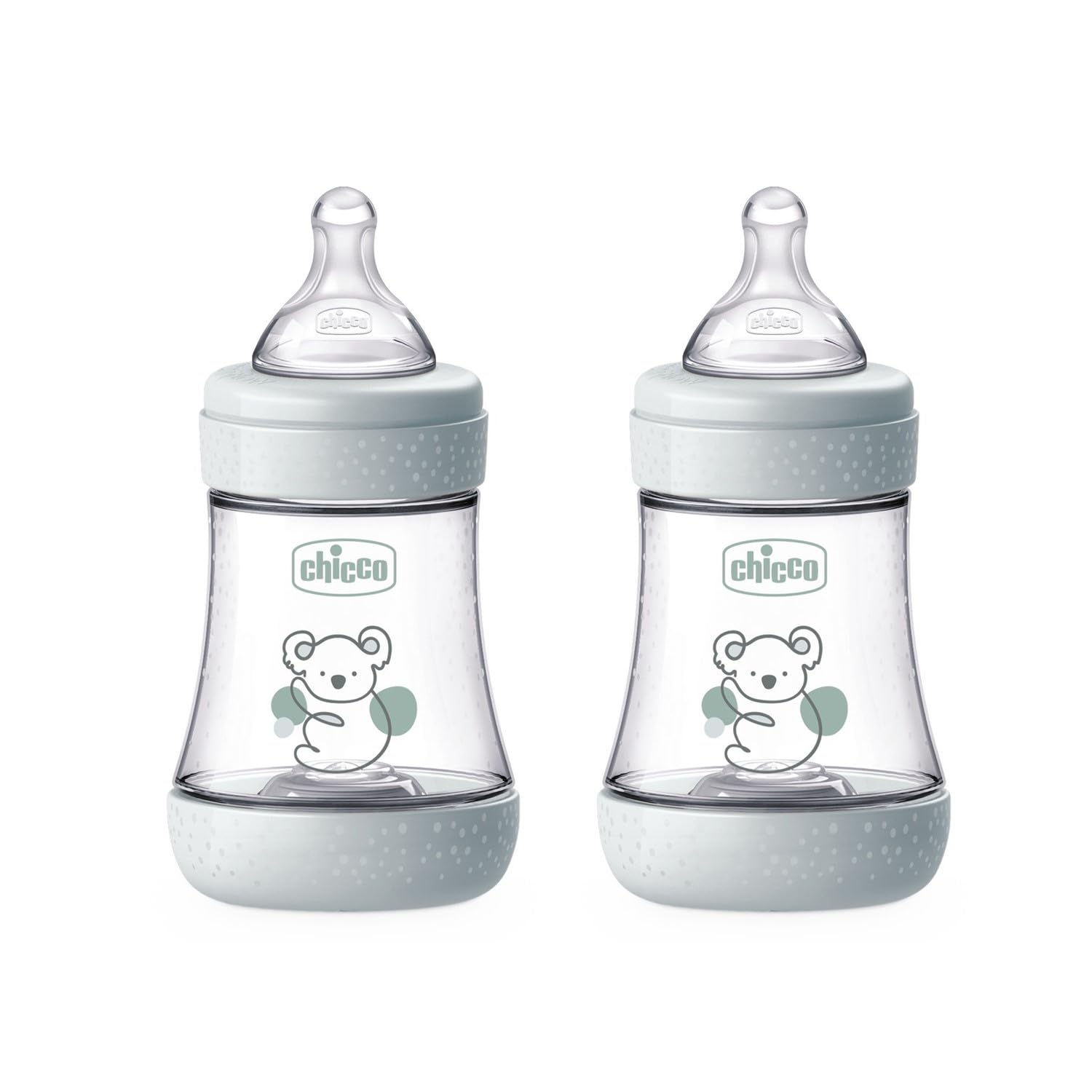 Chicco PERFECT 5, Doppio Biberon Anticolica da 150 ml, Biberon Flusso Lento da 0 Mesi + con Tettarella in Morbido Silicone, Biberon simil seno materno, Biberon anticolica per allattamento misto