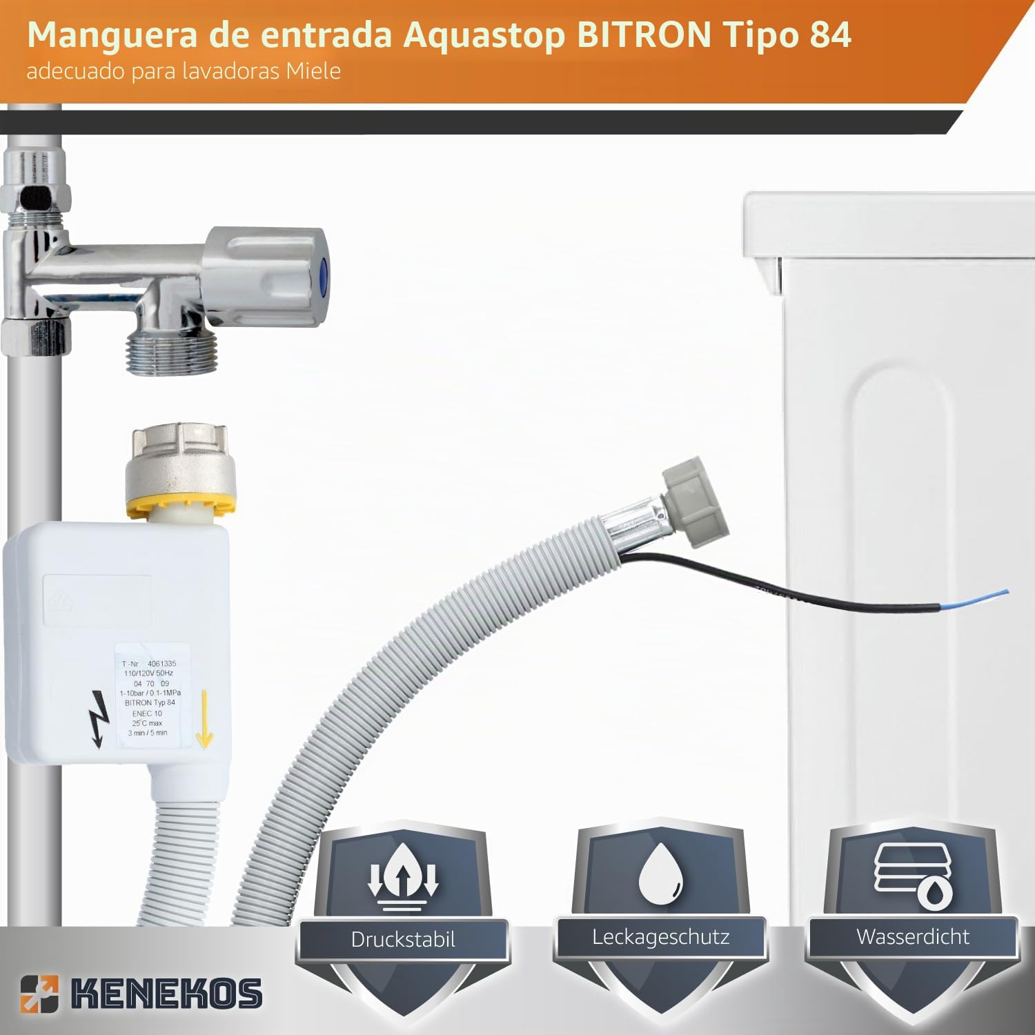 Kenekos - Manguera de entrada Aquastop de 2,2 m BITRON tipo 84 adecuada para lavadora Miele 4622714/4061335, 3/4 pulgada WPS, manguera de entrada de seguridad con conexión eléctrica
